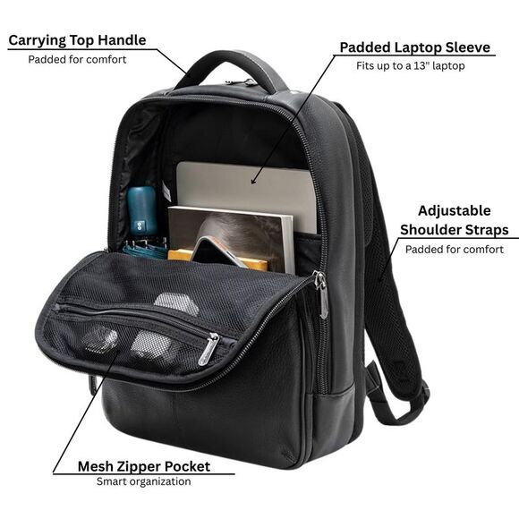 Alpine Swiss 13” Laptop Travel Backpack Genuine Leather Slim Carry On Daypack - Picture 3 of 6